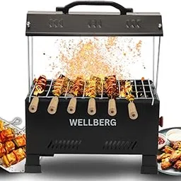 Wellberg 2-in-1 Electric & Charcoal Barbecue Grill Set 1200W Stainless Steel Element 13Inch Size Includes Tong Skewers Portable Grill for Home Camping Barbecue Grill for Outdoor Cooking (BLACK)-image-33