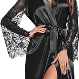 gwachi Women's Comfortable Sexy Flared Sleeve Lace Tie Nightdress Silky Kimono For Bride | Satin Robes for Women-picture-52