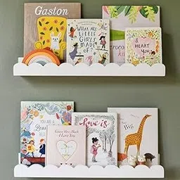 WooDinto Floating Wall Shelf Set for Children's Books, White Cloud Design, 2-Pack, Decorative Book Display image 1