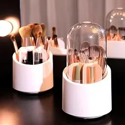 BSITFOW Makeup Brush Holder with Dustproof Cover 360 Rotating Makeup Brush Organizer for Vanity Bathroom, Round Make up Brush Stand with Lid for Cosmestics,White-picture-43