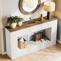 AESTHETIC DECOR Wooden Console Table in Solid Mango Wood with White Base and top Natural Finish for livingroom, Hall, enterway, Office Size 55 Lenght*34 Hight*12 Depth inch (White)-picture-32