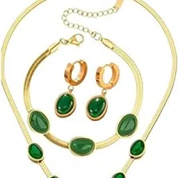 Titanium Steel Retro Unique Shaped Created-Emerald Necklace, Bracelet, Earrings Set, Minimalist Design Suitable for Daily, Mother's Day Gift Holiday Present-image-29