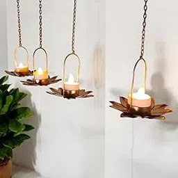 Amishi Blissful Decors Golden Metal Hanging Baby Lotus Shape Tealight Holder Diyas for Decoration Festival Home D�cor Diwali Decoration Tea Light Holder Set of 4-image-26