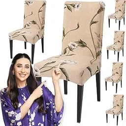 HOKIPO Dining Table Chair Cover 6 Seater Elastic Slipcovers Seat Protector (AR-4097-D26*6) ,Polyester Blend ,Brown-image-3