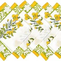 Hand Block Printed Cotton Linen Cloth Napkins, Indian Block Print Washable Party Decor Napkins, Handmade (Set of 6) (Green and Yellow)-picture-24