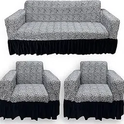 Gifts Island® Sofa Cover 5 Seater Fully Covered Premium Soft and Skin Friendly, Stretchy Fabric, Frill Design, Highly Durable Sofa Cover (3+1+1 Seater)|Sofa Cover for Living Room| White Cheetah-picture-26