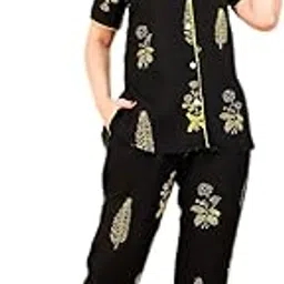 Women's Night Suit Set, Black with Flower Print, Short Sleeve Top with Pants-picture-34