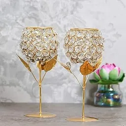 WebelKart New Premium Crystal Rose Brass Candle Holder for Decoration -Candle Stand for Diwali - Diwali Candle Holder (Model-1)-image-23