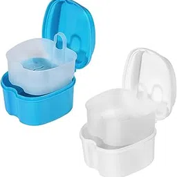 KISEER 2 Pack Colors Denture Bath Case Cup Box Holder Storage Soak Container with Strainer Basket for Travel Cleaning (Light Blue, White)-picture-26