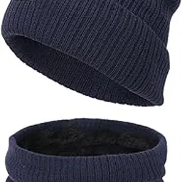 LR Decor E-Shop Winter Beanie Hat Scarf Set Knit Thick Warm for Cold Weather Outdoor Sport Navy-image-56