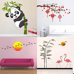 Set of 4 Combo Wall Stickers|Baby Panda|Red Flower & Lantern|Sunrise & Flying Bird|Sunset swan Love|-picture-12