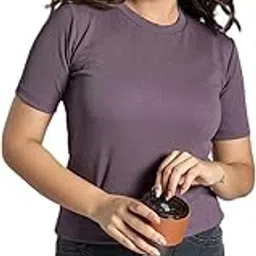 civamee Women's Beautiful Solid Ribbed Knit Round Neck Short Sleeve Top (C1755).-picture-48