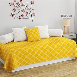 HIDECOR Super Soft Cotton Geometrical diwan Set for Living Room, diwan Set Covers Cotton, diwan Set 6 Pieces One Single Bedsheet with 3 Cushion Cover,2 Bolster (Yellow)-picture-14