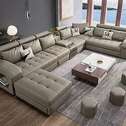 FURNART FURNITURE & INTERIOR Modern U-Shaped Sectional Sofa Set with Storage, 9 Seater, Sofa Couch with 4 Puffy for Hall Guest Room, Leatherette (Beige)-image-16