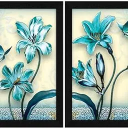 Jitesh Arts Blue Flowers and Butterfly Painting Set of 2 – Framed Wall Art with Glass for Home & Office Decoration | 14 x 17 Inches Each (Big Size) image 1