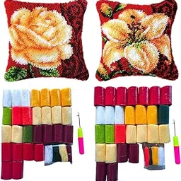 Enakshi® Latch Hook Pillow Kit DIY | 2 Pieces ReadytoUse Set Includes Embroidery Floss, Polyester, Mesh Canvas, Locking Hooks, Colour Charts Ideal for Adults, Kids, Rug Making & Home D©cor-image-9