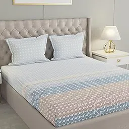Raymond Home 140TC Iconique Cotton Rich Super Soft Geometric King Size Bedsheet (2.74 Mx2.74 M) with 2 Pillow Covers(46 CM x 69 CM) - Blue and Beige-picture-18