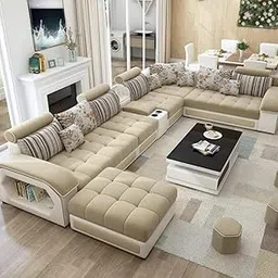 CERTIFIED FURNITURES� Modern U-Shaped Sectional Sofa Set with Storage | 9 Seater Fabric Sofa Couch with 4 Puffy & Cushions | Stylish Living Room & Hall Furniture for Home & Guest Room (Beige & Cream)-picture-23