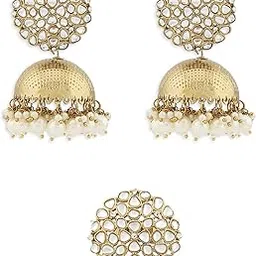 zaveri pearls Antique Gold Tone Traditional Kundan Jhumki Earring & Ring Set For Women-ZPFK13163-picture-43