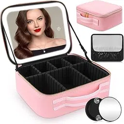 Travel Makeup Bag Cosmetic Organizer Bag with Large Magnetic Removable Lighted Mirror, Makeup Case with Mirror and Lights 3-Color Modes Adjustable Brightness 360° Angle, Makeup Travel Train Case Gift, image 1