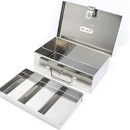 GinoSet® Stainless Steel Storage Boxes - Multi-Purpose Safe Locker and Cash Box with Removable Tray (4 Compartments) for Shop Counter Drawer-picture-30