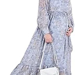 Moms Maternity Women's Floral Print Chiffon Lurax Peach Maternity Maxi Dress-image-58