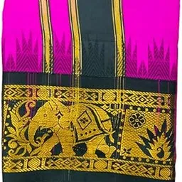 Traditional Art Silk Color Dhoties With 5" inch Jacquard Temple Tower Border size 9X5 (4.15 Mtr Dhoti with 2.30 Mtr Angavastram)-image-10