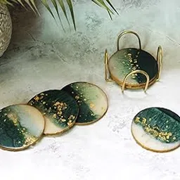 Monstera Hut ® Round Emerald Green White Resin Coaster|(10 cm) | 4 Inch |Set of 6 | Resin Coaster for Tea, Coffee Table & Dining Table with Metal Holder-picture-16