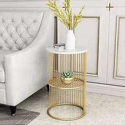 WOODWALLZ Coffee Round Accent Table for Living Room and Balcony with Metal & Engineered Wood Tabletop and Gold Coated Colour Frame -White-Gold-Jali-picture-28