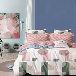 Slazie Cotton Bedding Set King Size| 300 TC Double Bed Duvet Cover with Zipper (90x100 in), Double Bed Fitted Bedsheet (72x78+10 in Depth), 2 Pillow Covers (18x28 in) |Pink Geometric-picture-25