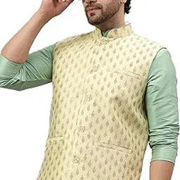 latest chikan Men’s Silk Blend Nehru Jacket with Gold Brocade – Festive Ethnic Waistcoat for Wedding, Reception & Traditional-Wear-picture-27