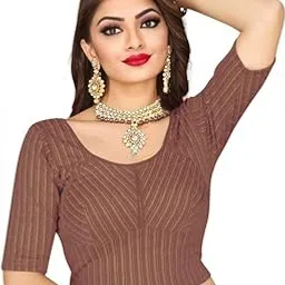 atibha fashion Designer Readymade Ready to Wear Stretchable Round Neck Elbow Length Saree Blouse with Gold Foil Print Striped Pattern, Round Back Neck-picture-45