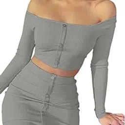quecy Women's Polyester Slim Fit Casual Solid Off Shoulder Button Skirt Outfits Set of 2| Size-2XL | Color-Gray-picture-18