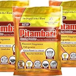 Pitambari shining Powder For six metals (Copper, Brass, Aluminium, Iron, Silver, Steel) Bartan Bar Soap for Puja Utensils Dish washing powder Pack 3(150gms)-image-39