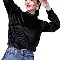 popwings Casual Solid Velvet Halter Neck Full Sleeves Loose Fit Top for Women || Stylish Western Latest Solid Top for Women || Party Stylish Western Top for Women-picture-46