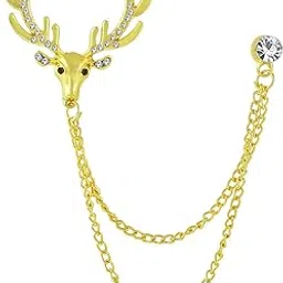 okos Men'S Fashion Jewellery Gold Plated Crystal Elements Studded Reindeer Lapel Pin Brooch With 2 Layer Dangling Chain For Boys And Men SP10002021-picture-16