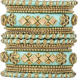 peora Light Green Fabric Silk Thread Stone Studded Chura Bangle Set Navratri Gift for Women (Size 2.6 Inch)-picture-14