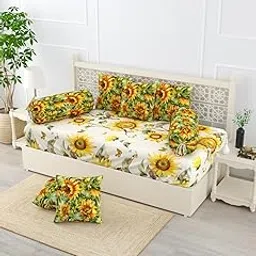 EVER HOME Diwan Set Covers Pure Cotton Digital Printed Standard 8 Pieces Diwan Set Covers (1 Single Bedsheet, 2 Bolster Covers, 5 Cushion Covers) (Green&Yellow)-image-27
