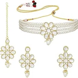 Pearl and Gold Choker Necklace Set, Floral Design-picture-35