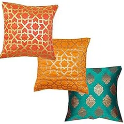 PINK PARROT Polyester Dopian Silk All Bright Colour Mix Cushion Covers (Red,Yellow and Blueish Green, 16x16 Inch) - Set of 3-picture-12