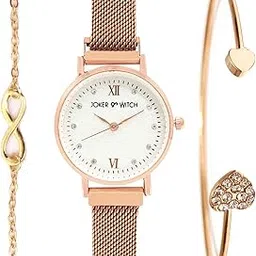 joker & witch Stainless Steel Gypsy Rosegold Analogue Watch Bracelet Set For Women, White Dial, Rose Gold Band-picture-27