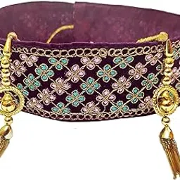 Women's Purple (Faalsa) Kamarband (BRIDAL BELT) with Pink & Sky Embroidery (Adjustable) width 6.5cm /Waist Hip Belt/Lehnga Belt-image-3