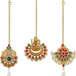 okos Metal Alloy Traditional Ethnic Temple Jewellery Goddess Laxmi Maang Tikka With Earrings Combo Embellished With Green And Red Kundan Stones For Girl And Women CO1000351-picture-28
