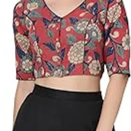 amazon brand - anarva Women's Kalamkari Printed Cotton Half Sleeve Non Paded Without Lining Blouse (ANAKALBL101) image 1