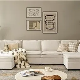 HULALA HOME 127'' Modular Sectional Sofa, Oversized U Shaped Couch with Storage Ottoman, Extra Deep Seat, Modern Comfy Chenille Sofa with Chaise, 6 Seat Convertible Couches for Living Room, Biege image 1