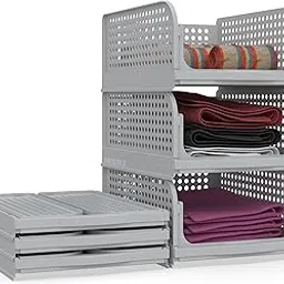 Skrill Pack of 3 Foldable, Sliding & Stackable Plastic Wardrobe Organizer for Storage Clothes | Ideal Wardrobe Shelf Organiser for Innerwear, Shirt, Socks | Grey-picture-30