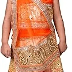 Relaxed-Fit Trendy Lehanga Choli and Dupatta Set for Baby Girls | Cotton | Orange/Golden | 3-4 Years | KIDS13990-image-5