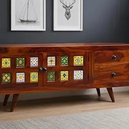Solid Sheesham Wood Sideboard Cabinet with 2 Drawers & 2 Doors | Rosewood Storage Cabinet for Living Room & Bedroom | Modern TV Unit Console Table (Honey)-image-2