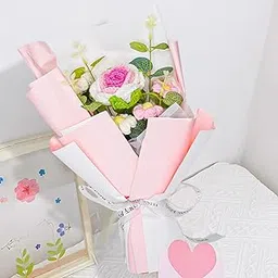 Nostrae by Ekhasa Pink With White Rose Crochet Flowers Bouquet (Medium Size) | Knitted Flowers Bouquet For Gifting | Woolen Flower Perfect For Crochet Gifts | Handmade Bouquets Gift-picture-27