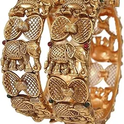 ornadzn zevellery Elephant Motif Antique Kada Bangle Set for Women | Brass Openable Screw Bangle in Matte Gold | Royal Temple-Inspired Jewellery image 1